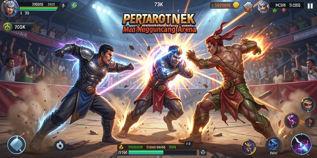 Screenshot gameplay 73K menampilkan pertarungan yang mendebarkan.
