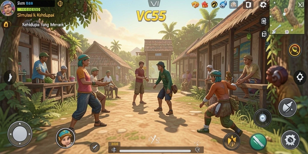 Tangkapan layar gameplay VC55 menampilkan interaksi karakter dalam simulasi kehidupan.
