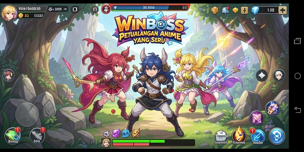 Screenshot gameplay dari WINBOSS yang menampilkan karakter Anime yang dinamis.